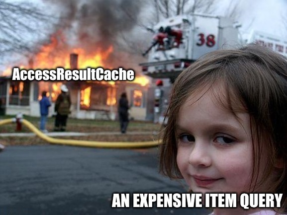 Disaster girl meme adapted for explaining impact of expensive Sitecore item query on AccessResultCache