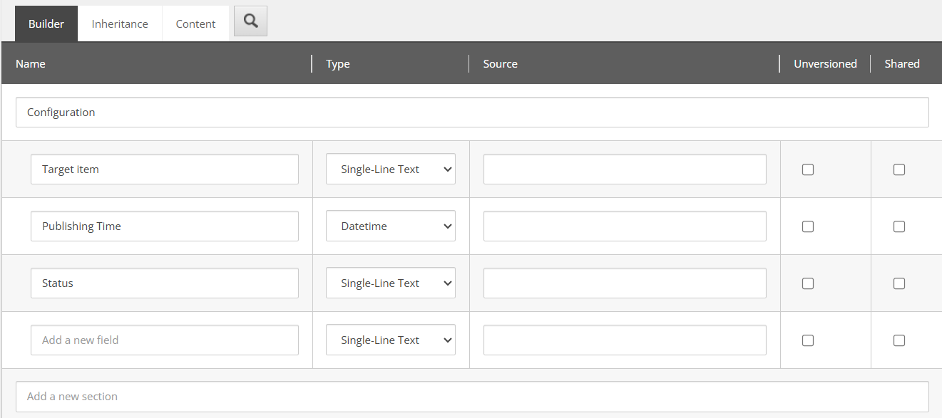 Configuration of Publishing schedule template with three fields: Target item as Single-Line Text, Publishing Time as Datetime and Status as Single-Line Text