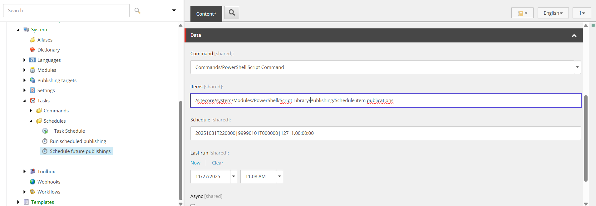 Configuration of a scheduled task in Sitecore to run the 'Schedule item publications' script once every 24 hours